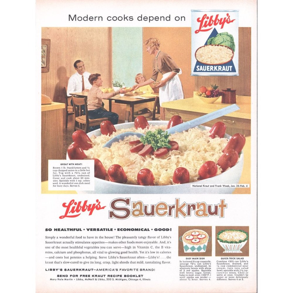 1961 Libby's Sauerkraut Canned Food Vintage Print Ad Family Dinner Supper Photo